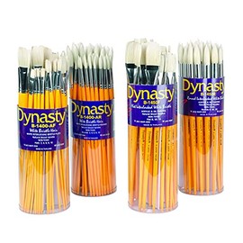 Dynasty B-1400-AF Long Wood Handle Brush Set, Assorted Sizes, Yellow, Set of 60