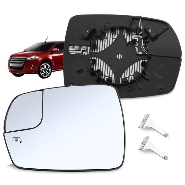 SNEMEEY Compatible with Ford Edge Driver Side Mirror Glass 2015 2016 2017 2018 - Left Side Mirror for Edge Replacement Glass, with Backing Plate and Rear Holder, Heated, Chrome