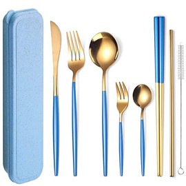 AARAINBOW 8 Pieces Stainless Steel Flatware Set Portable Reusable Cutlery Set Travel Utensils Set Including Chopsticks Knife Fork Spoon Straws Cleaning Brush Dishwasher Safe (Blue Golden)