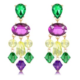 Crystal Mardi Gras Earrings Purple Green Yellow Beads Drop Dangle Earrings for Women Fashion Vintage Carnival Parade Earrings Gifts