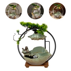 LUNUMAOS Big Fountain for Table Top - Indoor Waterfall and Fog Led - Indoor Fountain - Including Reflux Incense and Fake Plants - for Good Fortune