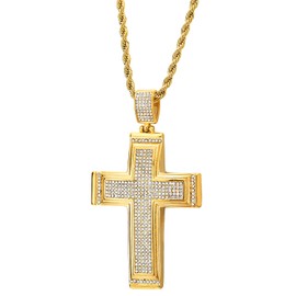 COOLSTEELANDBEYOND Mens Womens Large Gold Color Steel Cross Pendant Necklace with Cubic Zirconia Pave, 30 in Rope Chain