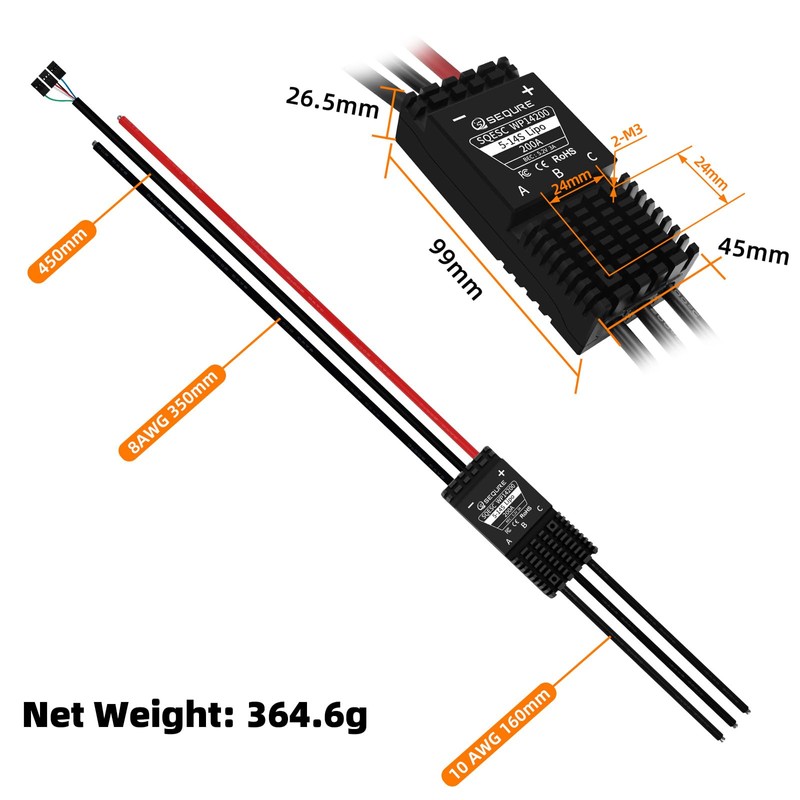 SEQURE WP14200 IP68 Waterproof 200A Brushless ESC