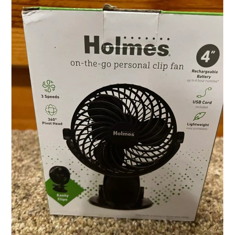 Holmes 4" On-The-Go Portable Clip Rechargeable Battery 360° Rotation Fan