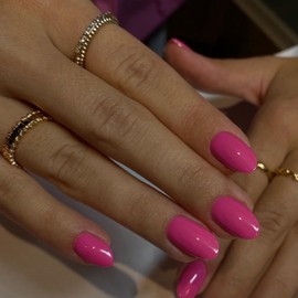 Hot Pink Press on Nails Short Oval Acrylic Medium Almond Fake Nails for Women - Reusable Thick Round Solid Color Glue on Soft Gel False Nails - 24Pcs Neon Pink