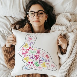 Poecinvi Easter Bunny Bow Throw Pillow Covers 18x18, Pink Bow Rabbit Pillow Covers, Coquette Rabbit Decor for The Home, Easter Bunny Gifts for Women
