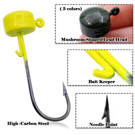 FishTrip Ned Rig Jighead Fishing - 10pcs Jig Heads Hooks Weedless Shroom-Shaped Weight Head for Crappie Bass Fishing(3/16oz)
