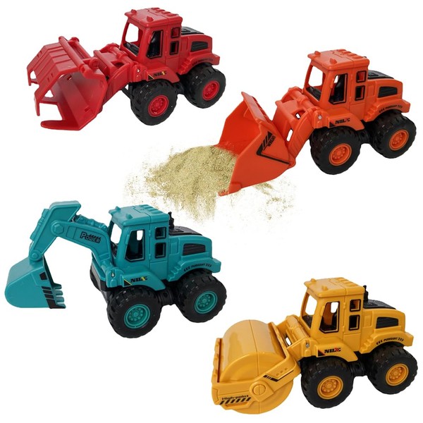 Hilloly Construction Toys Cars,4 PCS Sand Toys Cars,Includes Bulldozer Excavator Road Roller Wood Grabber Friction Powered Toy,Suitable For Children Aged 3 Years Up