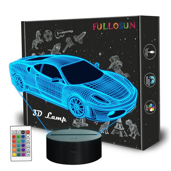 Car 3D Night Light for Kid, FULLOSUN Sport Racing Illusion Optical Bedside Lamp 16 Color Changing with Remote Control Dim Bedroom Décor Best Creative Birthday Gift for Men Boy Friend