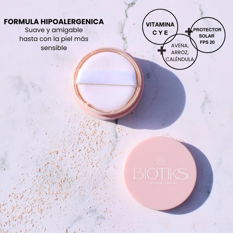 Biotiks Polvo matificante, control de grasa, Avena, Arroz, Caléndula, Vitamina