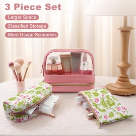 Sangula·Valley Makeup Bag 3 Pieces, Double Layer Transparent Cosmetic Bag Organiser, Women's Toiletry Bag, Travel Utensils, pink, Makeup Bag
