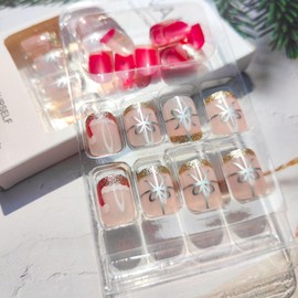 Mkwntg Christmas Press on Nails Short Square Fake Nails with French Designs Santa Hat Nail Tips Glue on Nails Glossy Silver Glitter Gift Box Full Cover False Nails for Women Girls Xmas Decor 24Pcs