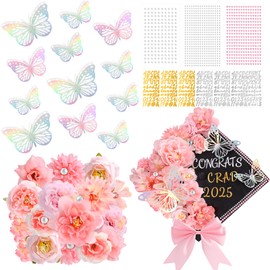 41 Pcs DIY Graduation Cap Decorations Kit with Silk Flowers, 3D Butterfly, Pink Bow, Pearl Positioning Pin, Pearl Rhinestones Sticker, Number and Letter Sticker, Cap Decor for Sublimation Grad Topper