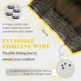 SAFIRENY Wire Hair Extensions Real Human Hair, 16inch Dark Brown to Dirty Blonde 70g Invisible Wire Hair Straight, Invisible Fish Line Hair Extensions for Women (#2/6/18-16inch)