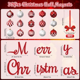 36 Pcs Christmas Garage Door Magnets Decorations, Xmas Ball Garage Door Decorations, Merry Christmas Magnets Stickers for Refrigerator Fridge Kitchen Car Indoor Outdoor Decorations, Red Silver