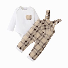 puseky Baby Boy Clothes Suit 12-18 Months Newborn Infant Long Sleeve Romper and Plaid Suspenders Overall Pants Spring Fall Outfits White