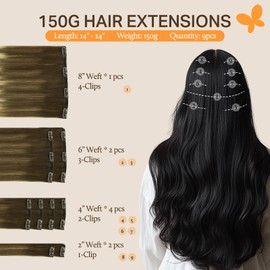 DOORES Clip in Human Hair Extensions, Balayage Walnut Brown to Ash Brown and Bleach Blonde 150g 9pcs 16 Inch, Real Hair Extensions Clip in Natural Hair Extensions Thick Straight Hair Extensions