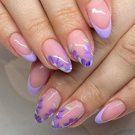 MouyouGlow Press on Nails Short, Almond Purple French Flowers Floral Fake Nails with Nail Glue, Purple Tips Flowers Summer INS Artificial Fingernails for Women and Girls