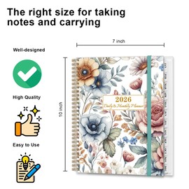 2026 Daily & Monthly Planner Calendar - Daily Planner Calendar One Page Per Day from Jan 2026 to Dec 2026, Flexible Cover, 7''x10'', Storage Pocket, Colorful Large Flower