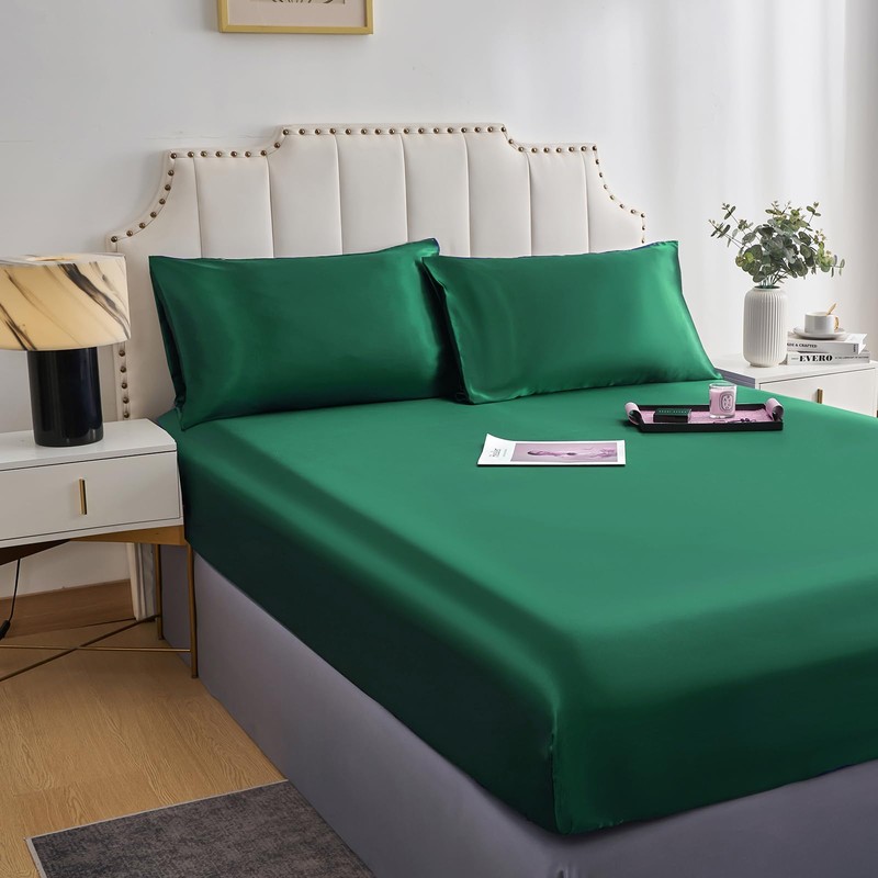 DuShow Satin Fitted Sheet Green Single Bed 100 x 200