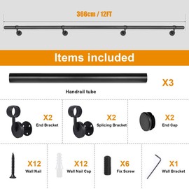 Patavin 12Ft Industrial Metal Stairs Handrail Kit, Sturdy Wall Mount Aluminum Hand Rail, Indoor Outdoor Stair Railing Wood Concrete Brick Wall,1.5 in Round Pipe Grab Bar, Matte Black-12FT