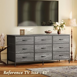 Huuger 9 Drawer Dresser for Bedroom, 47 Inch Dresser TV Stand for 50, 55 Inch TV, Entertainment Center with Drawers, Fabric Drawer with Storage, Closet, Grey