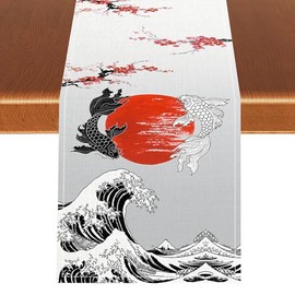 Camino de mesa japonés, tradicional Koi Cherry Blossom paisaje chino oriental, grandes olas estilo asiático, camino de mesa para el hogar, fiesta, cocina, comedor, decoración de boda, fiesta, 13 x 36