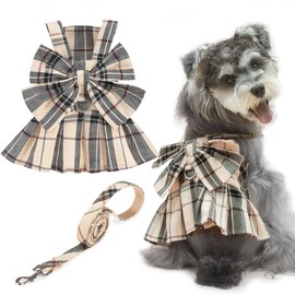 PUPTECK Plaid Dog Dress with Leash - Cute Puppy Harness Clothes for Small Medium Sized Dogs, Outfits for Girl Puppy Wedding Birthday Costume