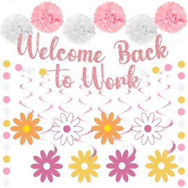 16pcs Welcome Back to Work Decorations Office Rose Gold Pink Welcome Back to Work Banner Hanging Swirls Circle Dot Garland Pompoms for Back to Work Office Anniversary Decorations Supplies