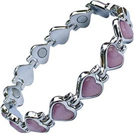 Magnetic Therapy Valentine Bracelet for Women - Pretty Pink Heart Links Semi - Precious Gemstones Fits Wrists up to 18 cm Fully Adjustable - Plus a Jewellery Gift Box