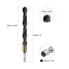 sourcing map 1/4" Hex Shank Twist Drill Bits 12mm Gold Titanium & Black Nitride Coated 4341 High Speed Steel Quick Change Hex Drilling Bit Jobber Drill Bits for Wood Plastic Metal