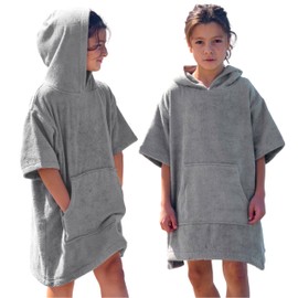 CalmyBEACH Terry Cloth Bath Poncho Girls Boys – Children's Surf Poncho 100% Cotton Beach Poncho Towel with Hood Changing Aid Surf Poncho Bathrobe, gray