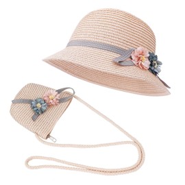 FT-SHOP, Straw Hat and Small Bag Set for Girls/Children, Summer Sun Hat with Flower Decoration for Holiday, Travel, Outdoor Activities - Pink (pink A)