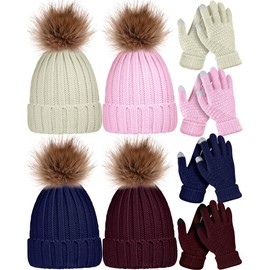 JaGely 8 Pcs Winter Women Knit Beanie Hat Glove Set Warm Knitted Skull Cap with Faux Fur Pom Ski Beanie Touchscreen Gloves(Classic)