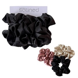 Eco-Friendly Large Satin Scrunchies for Women - Luxurious Hair Ties No Damage, Softer Than Silk, Bold and Stylish No-Crease Hair Accessories for Girls & Women, 3pcs (Black)