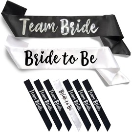 Bachelorette to Bride Team Bride 7pc Satin Sash Set - Sophisticated & Fun Party Favors for Bachelorette Party Bridal Shower & Wedding Party (7pc Set White & Black)