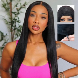 Amznlady Glueless Wigs Human Hair Upgrade 3 IN 1 Straight Half Wig Human Hair With Drawstring Ponytail for Black Women 180% Density Headband Wigs Natural Color 20 Inch