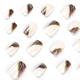 Marble Press on Nails Medium Square Fake Nails Gold Foil Glue on Nails White False Short Coffin Full Cover Nails with Sparkles Design Acrylic Nails Purple Glossy Stick on Nails for Women Girls 24Pcs