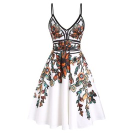 DRESSFO Summer Vacation Sundress for Women Floral Leaf Printed Garden Party Dress Flare A Line Slip Mini Dress(White_1/2X)