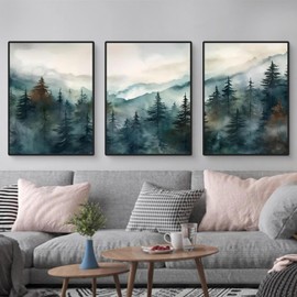 Set of 3 Posters, Modern Green Mountains Forest Landscape Pictures, Canvas Pictures, Wall Poster, Wall Decoration for Living Room & Bedroom, without Frame (30 x 40 cm)