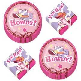 Cowgirl Party Supplies– Dessert Plates with “Howdy” & Western Napkins with “Yee Haw” – Boots and Bows & Disco Cowboy Theme for 16 Guests