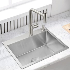 MENATT 24 Inch Drop-in Kitchen Sink, 304 Stainless Steel Topmount Handmade Residential Sink, Single Bowl Workstation Sink with Drain Kit (Brushed), 24"x18"x9"