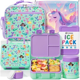 Fimibuke Bento Lunch Box for Kids with Thermos, 3-Compartment 32OZ Snack Lunch Container, Lunch Bag, 12OZ Insulated Food Jar & Ice Pack Set for Age 3-12 School Daycare Toddler Teen Girls Boys, Mermaid