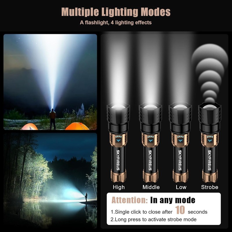 SKYFIRE Rechargeable Flashlight High Lumens,8000mAh Super Bright Flashlight,Zoomable,4 Modes,Waterproof LED