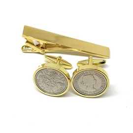 Premium 1965 Original Lucky Sixpence 6d birthday/Anniversary Cufflinks ideal for a 60th birthday HT GLD Tie clip set
