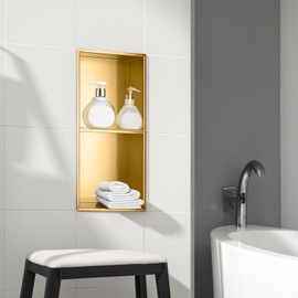 SaniteModar Shower Niche 12" X 24", Brushed Gold Stainless Steel Double Selves Niche for Shower Wall, No Tile Needed