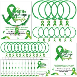 Landical Mental Health Awareness Bracelet with Metal Plated Ribbon Shaped Charm Motivational Cards Green Awareness Ribbon Bracelets for Men Women Mental Health Awareness Month Gifts (25 Pcs)