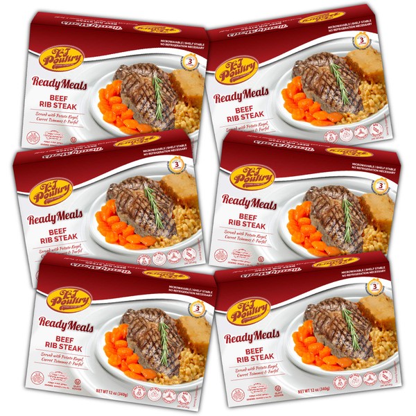 Kosher Beef Rib Steak & Kugel, MRE Meat Meals Ready to Eat, Shabbat Food (6 Pack) Prepared Entree Fully Cooked, Shelf Stable Microwave Dinner - Travel, Military, Camping, Emergency Survival