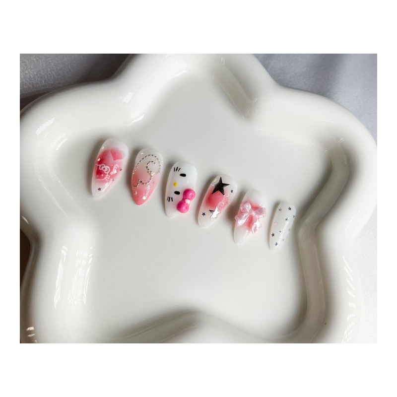 Pink Cheek Gras Cat Nail Tips - Short Oval /