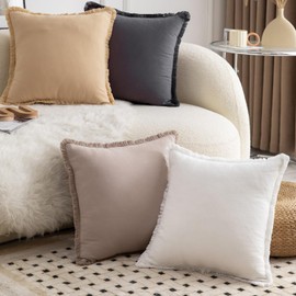 MANDIOO Set of 4 Neutral Cotton Fringe Decorative Throw Pillow Covers 18x18 Inch Boho Farmhouse Cushion Covers Cozy Tassels Pillowcase for Couch Sofa Bedroom Living Room Home Decor Neutral